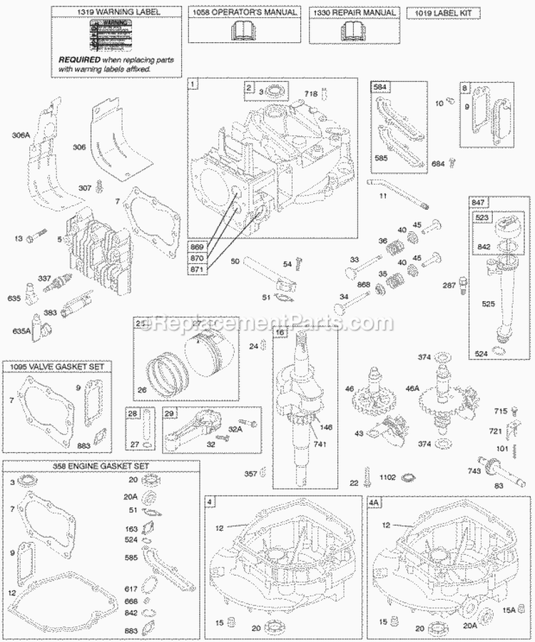 Camshaft Crankshaft Cylinder Engine Sump KitGaskets Lubrication Piston Group Valves Diagram and Parts List for 128802-1773-B1  Briggs and Stratton Engine